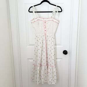 Vintage Jody T of California Women Cottagecore Rose Floral Midi Dress White Sz 9